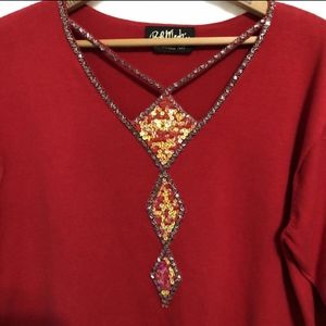 Bob Mackie Wearable Art Red Sweater -  Sequins & Cutouts, Size M, Holiday Party